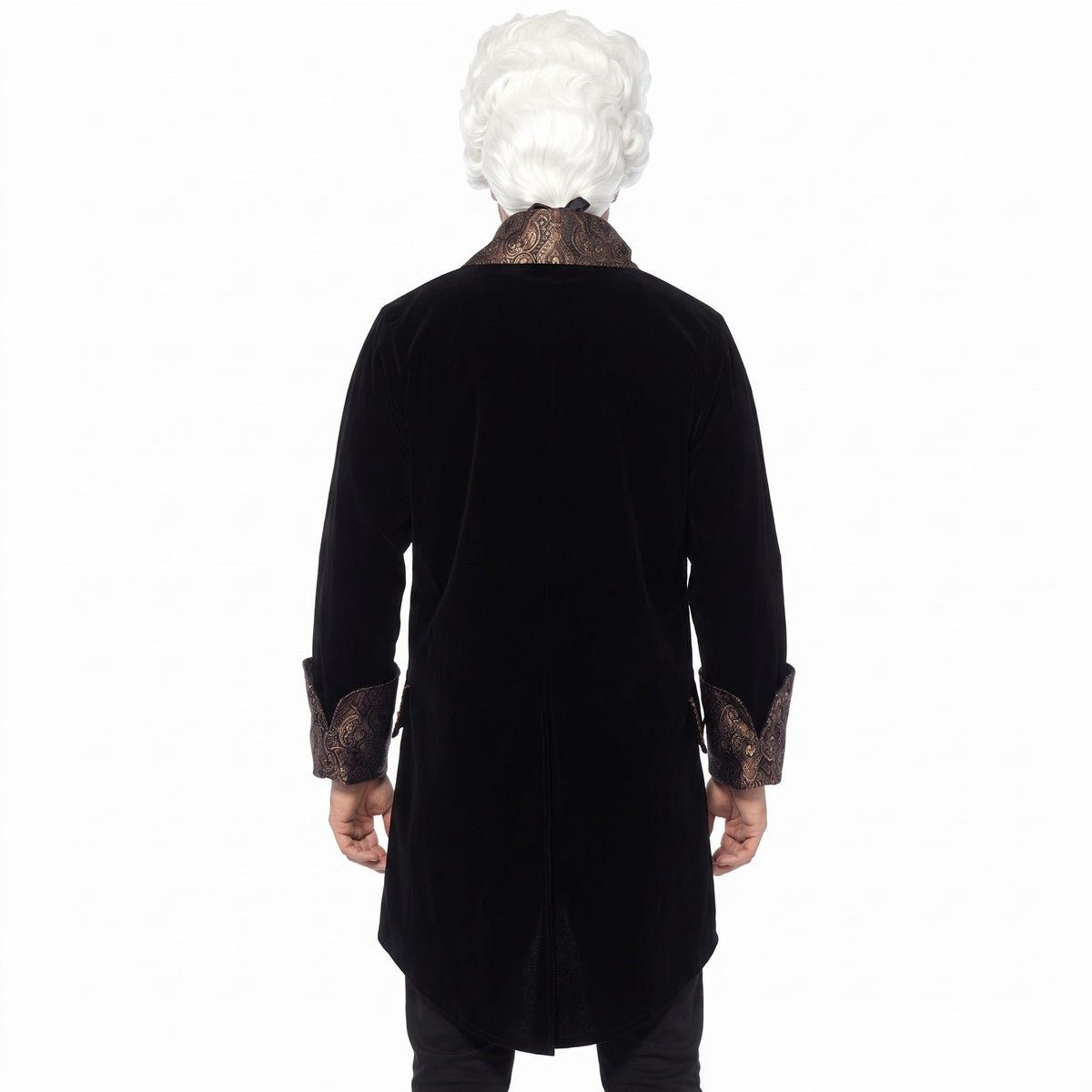 Black velvet jacket with lace collar, worn by man, back view | Chaps London