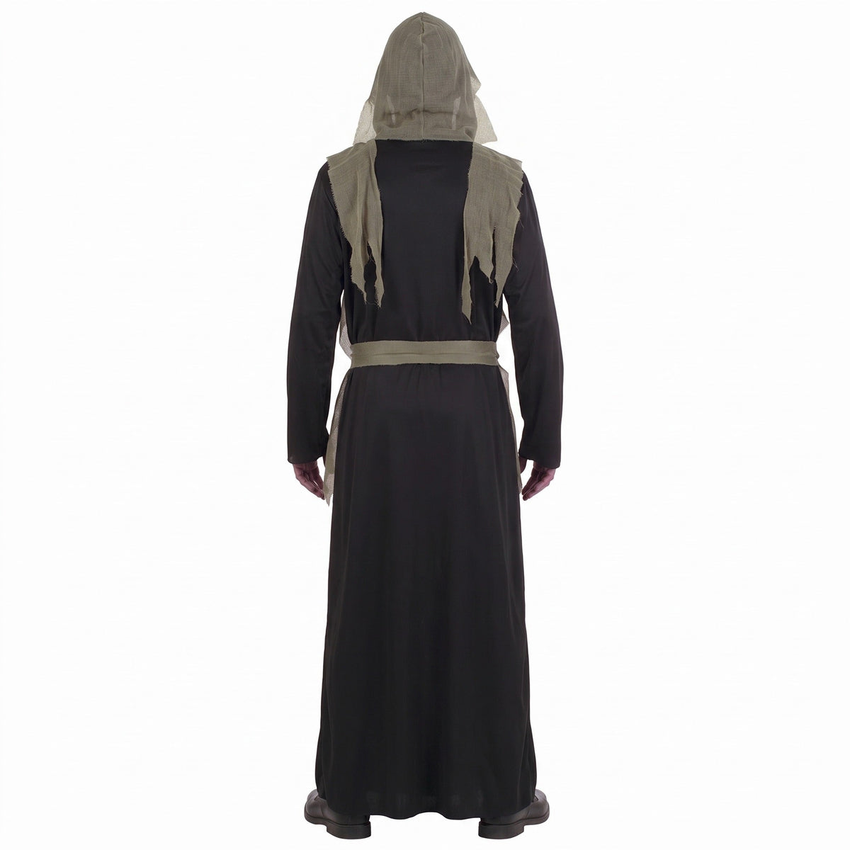 Black hooded robe with tan trim and belt, worn by person, back view | Chaps London