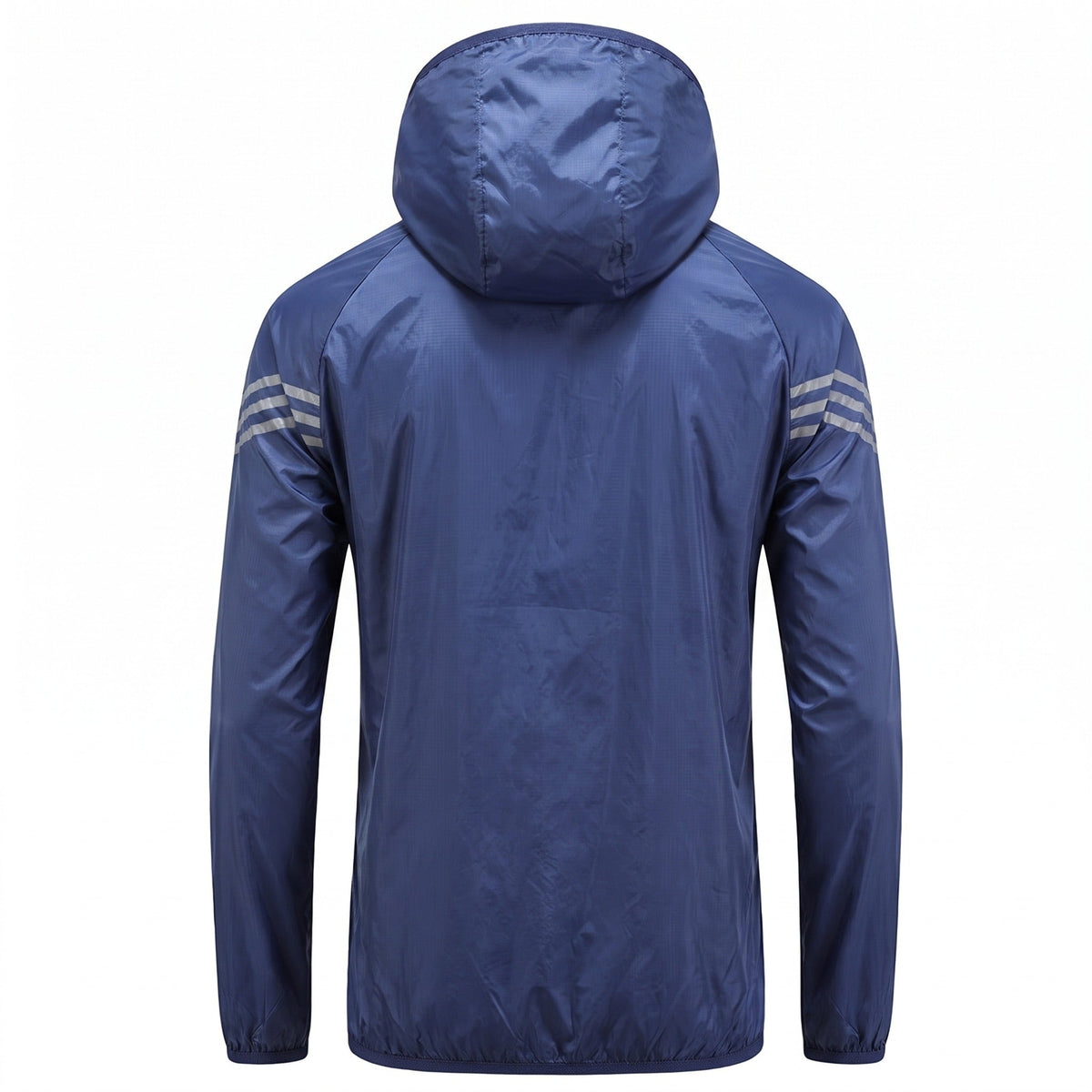 Navy blue hooded windbreaker jacket with striped sleeve detail, back view on mannequin | Chaps London