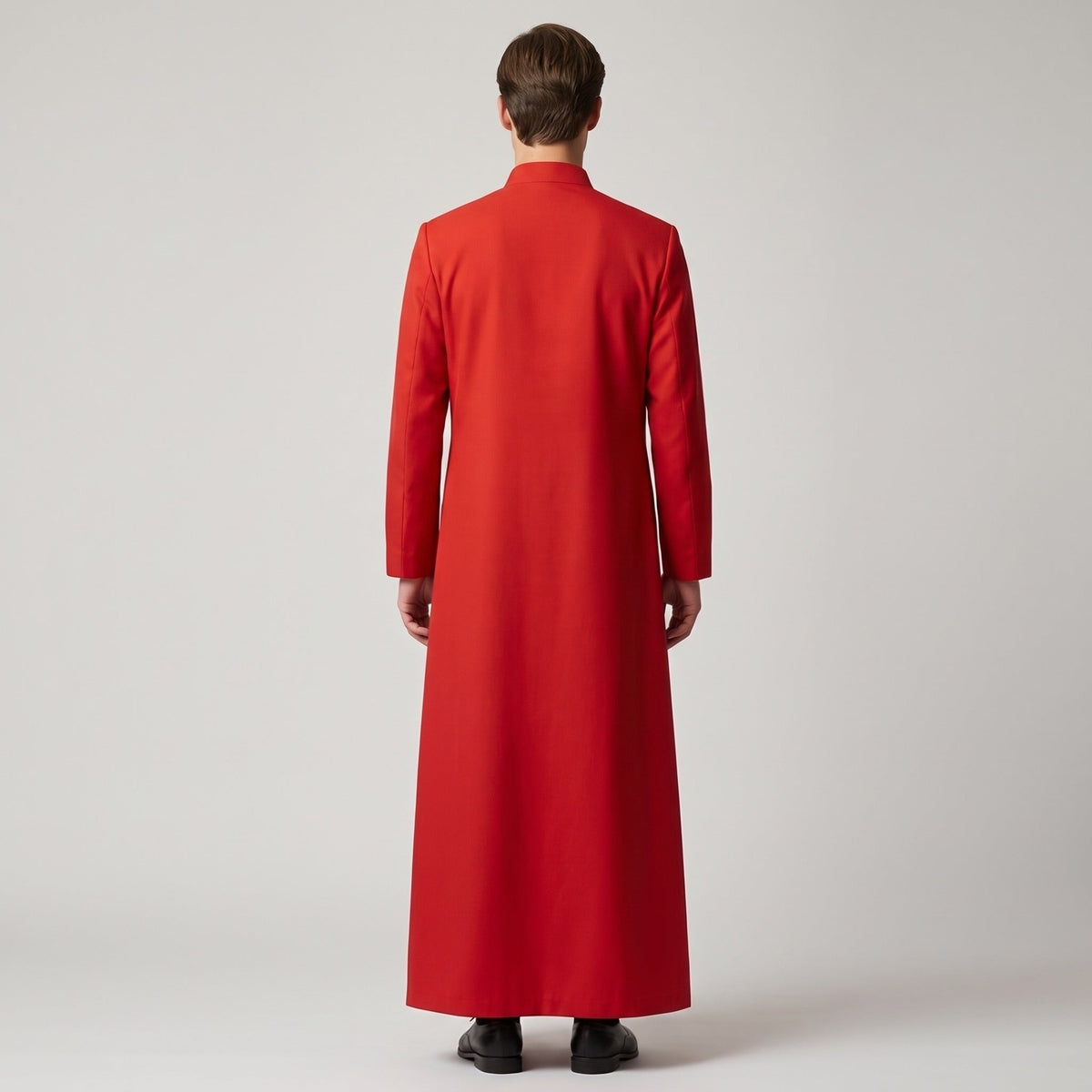 Man wearing red cassock with stand collar, rear view, full length | Chaps London