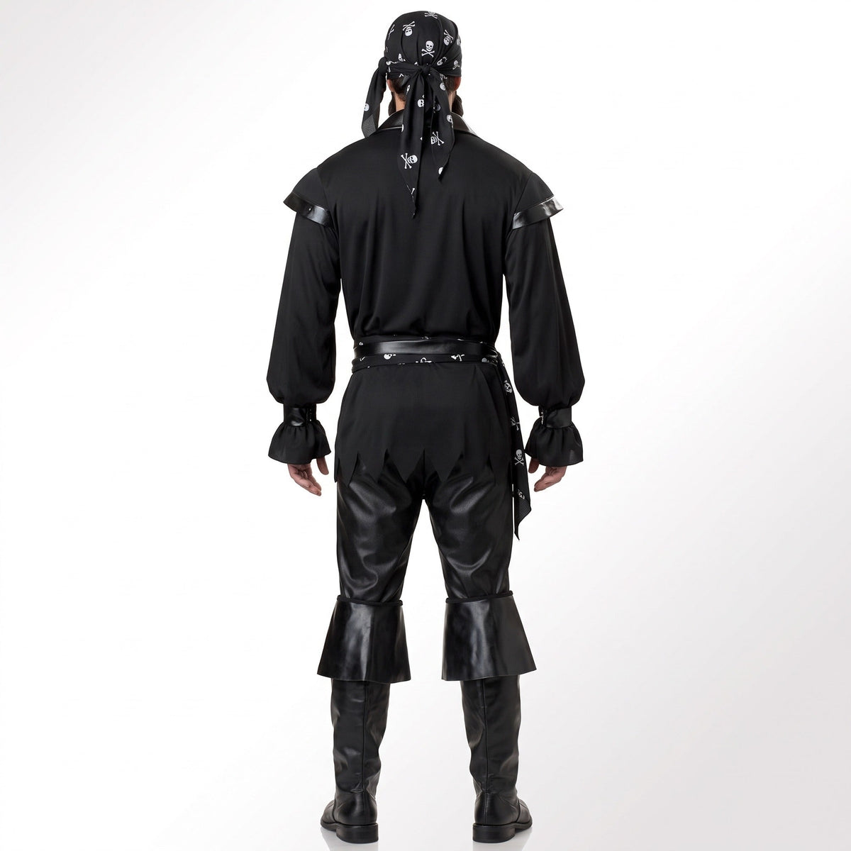 Man wearing black pirate costume with bandana, back view, worn by model | Chaps London