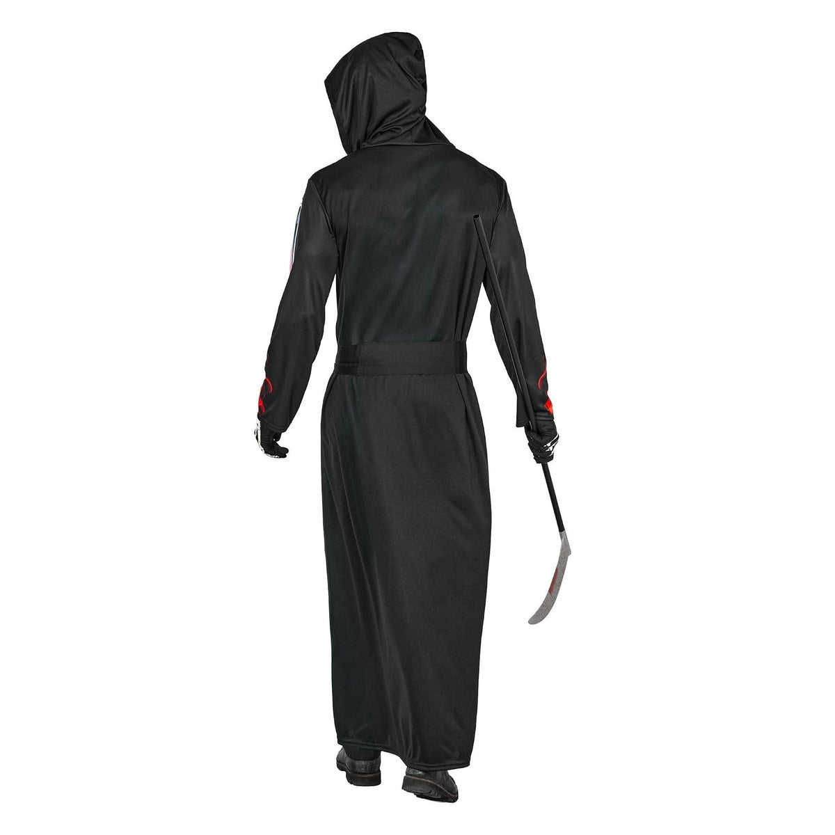 Black hooded skeleton robe with scythe, worn by person, rear view | Chaps London