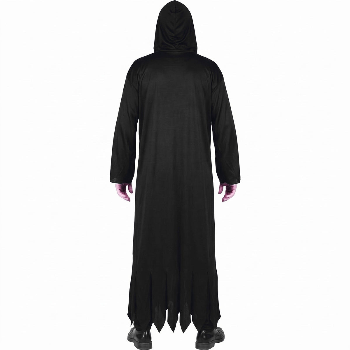 Black hooded robe costume worn by man, rear view, jagged hem | Chaps London