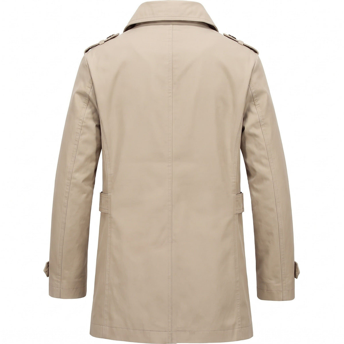 Beige trench coat back view with epaulettes, shown on mannequin | Chaps London