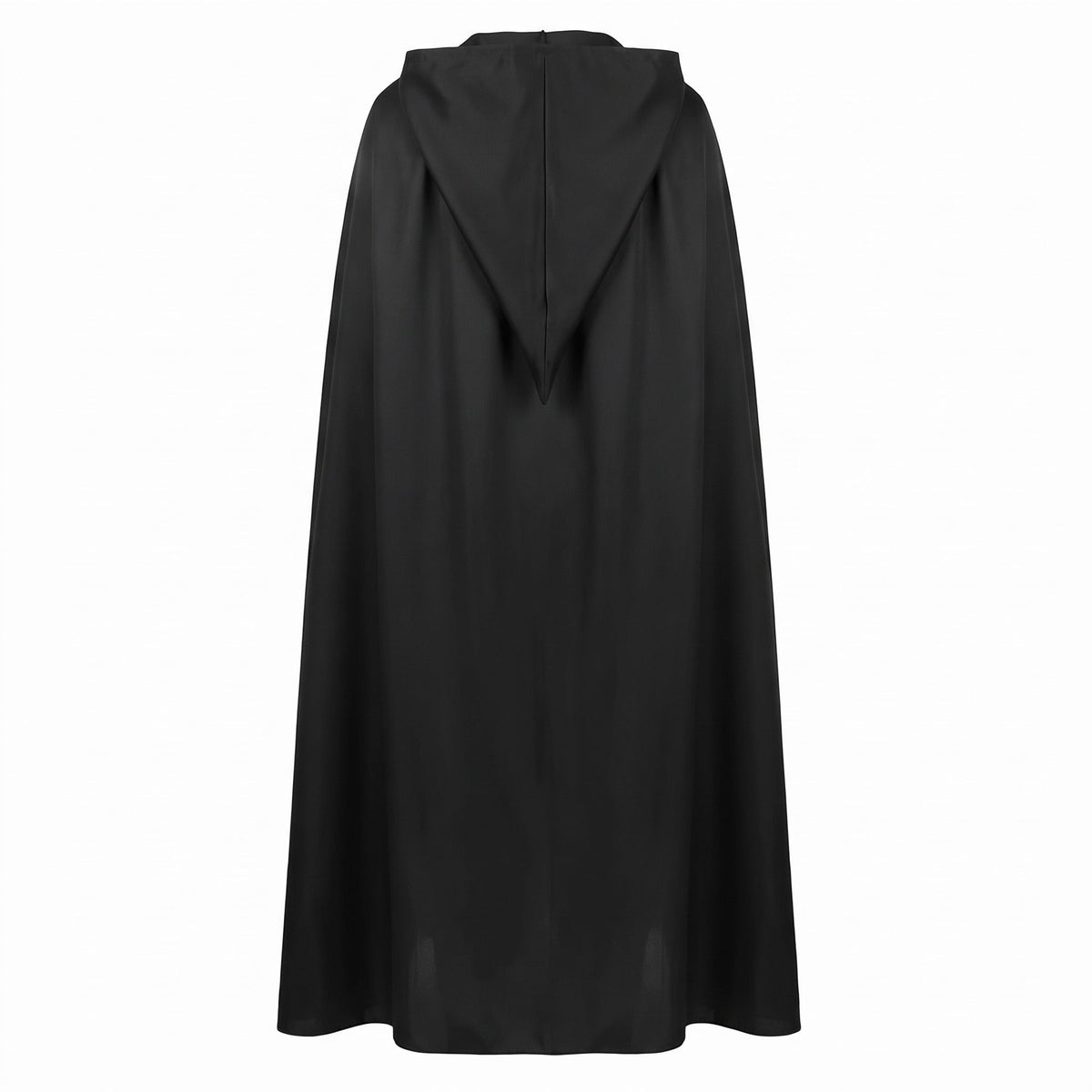 Black hooded cloak, flat lay, rear view showing pointed hood | Chaps London