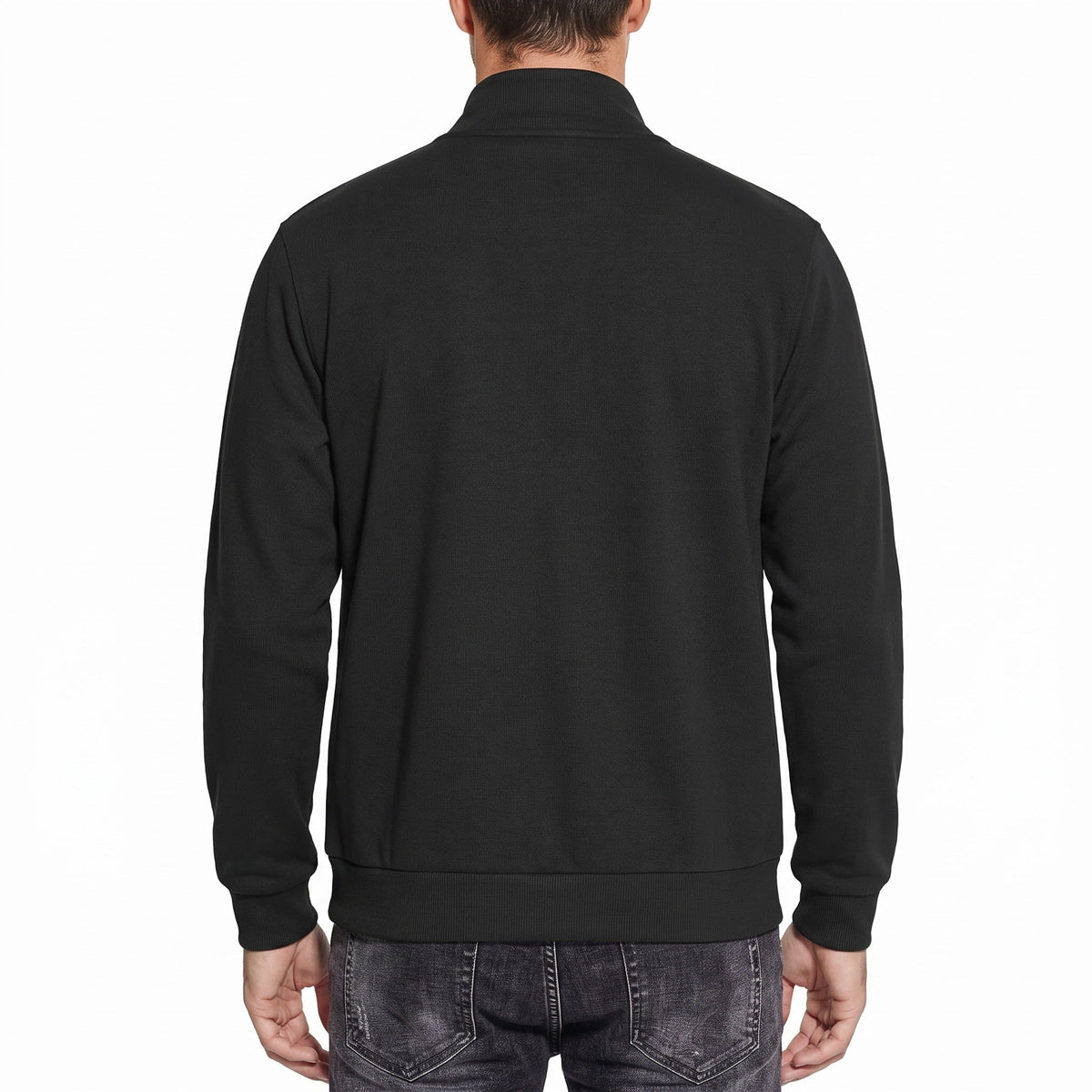 Black stand collar zip jacket, back view, worn by man outdoors | Chaps London