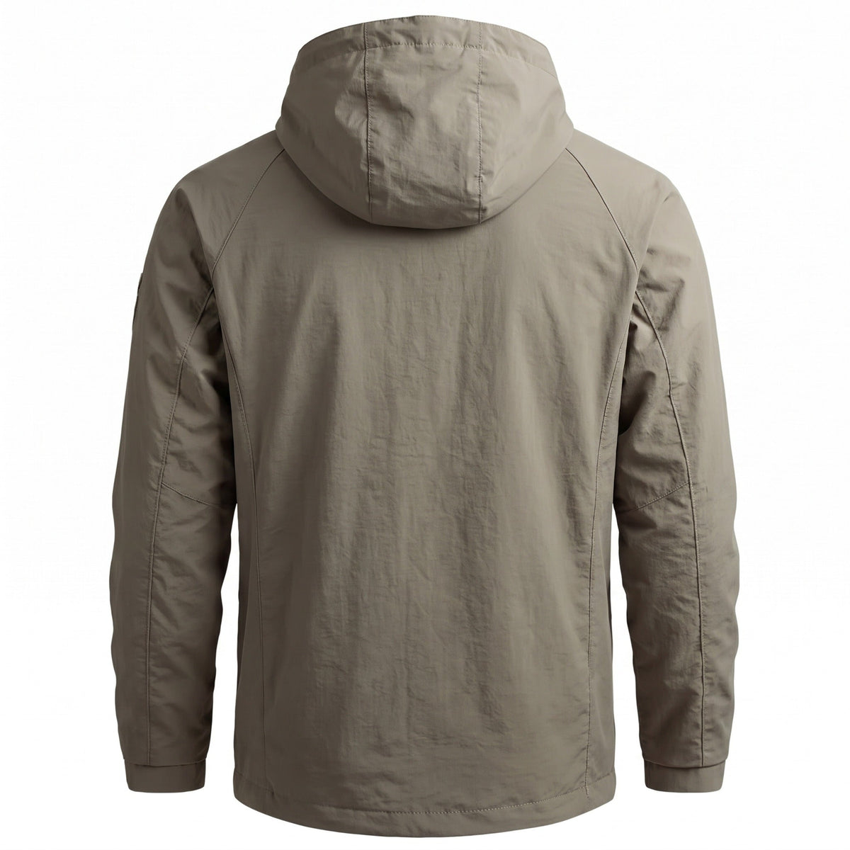 Khaki hooded jacket back view on mannequin, raglan sleeves | Chaps London