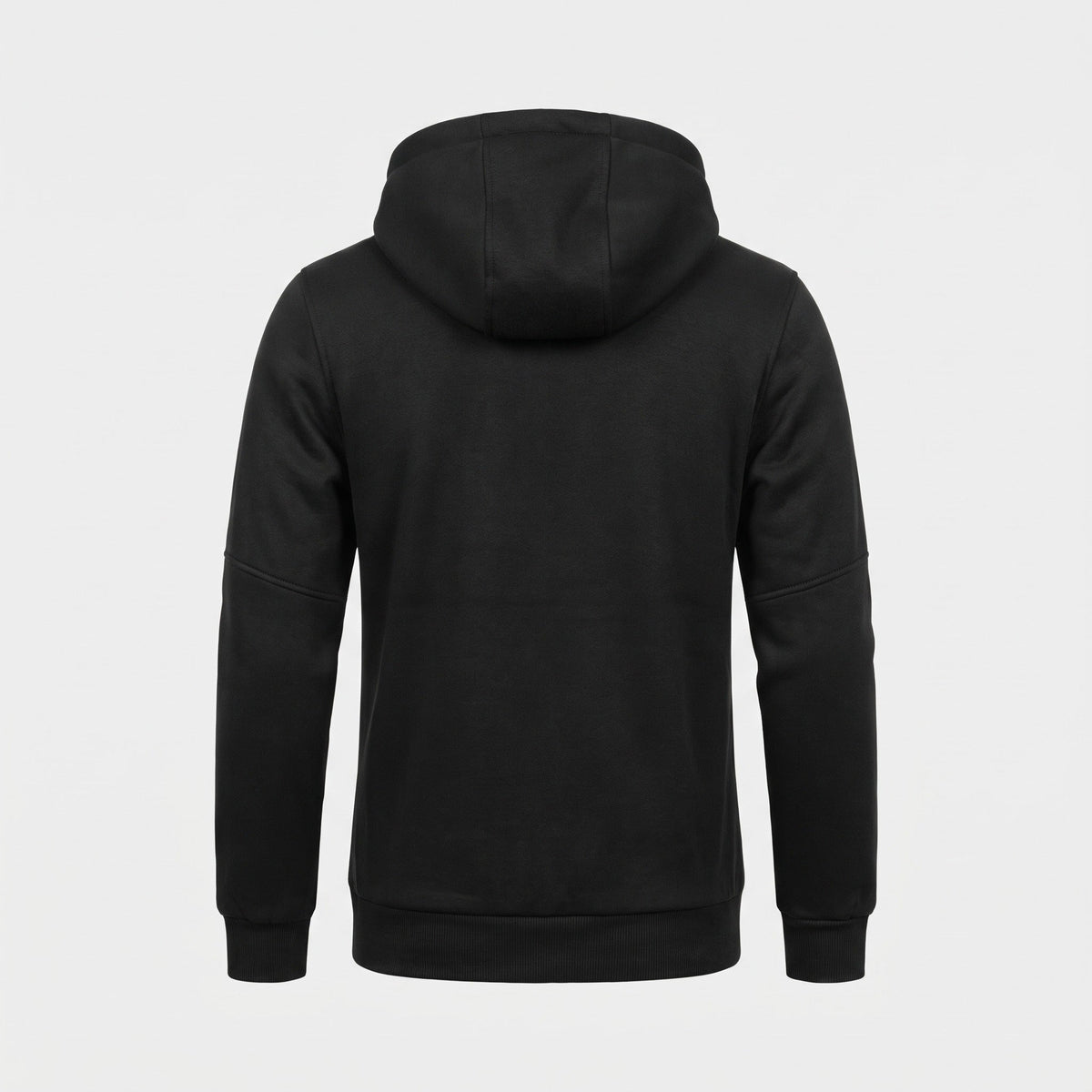 Black zip hoodie with attached hood, shown worn, back view | Chaps London