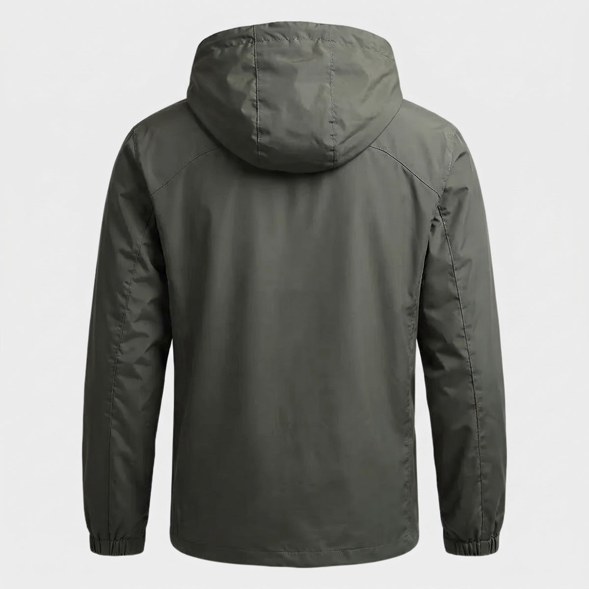 Olive green hooded rain jacket shown from behind on mannequin | Chaps London
