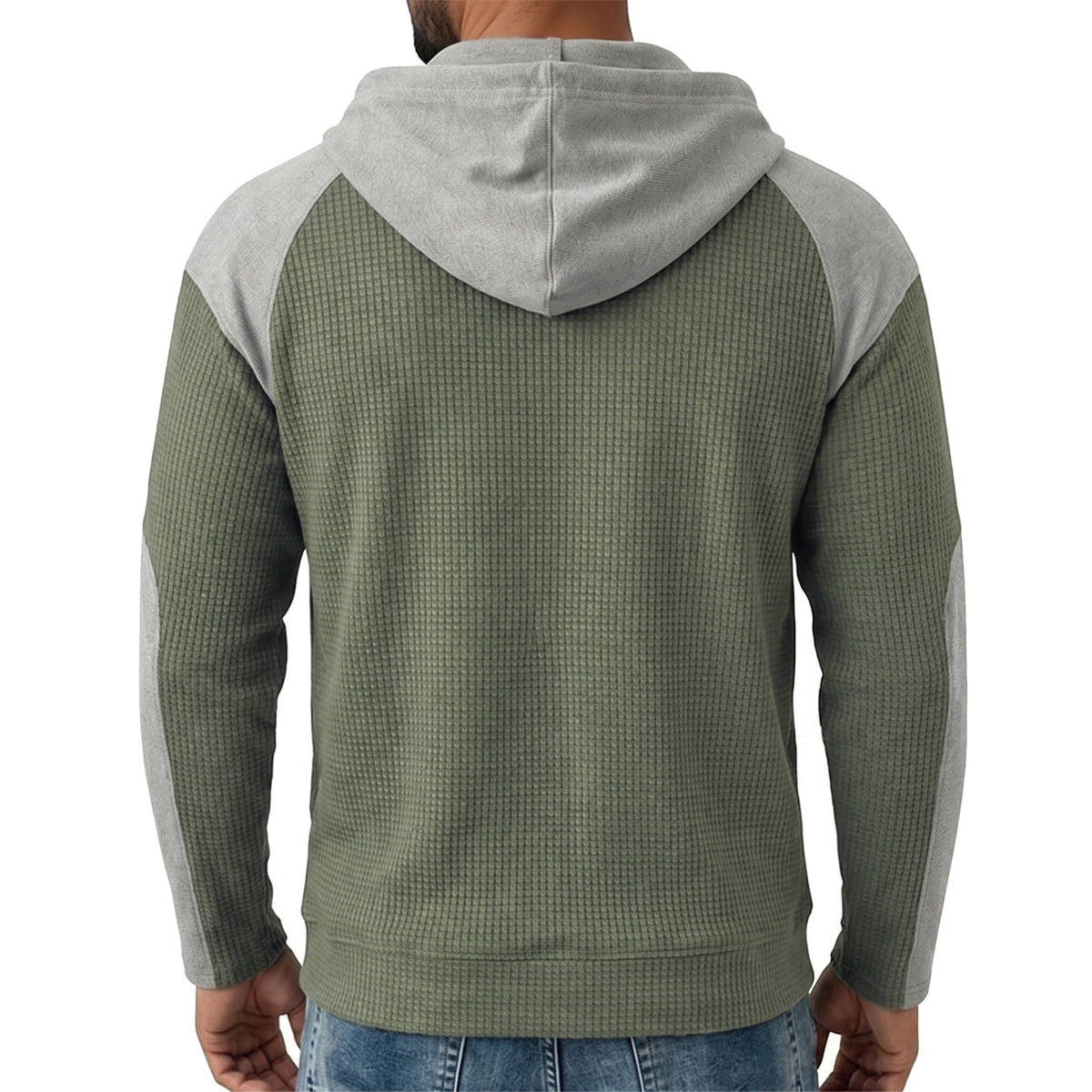 Man wearing green waffle-knit hoodie with gray raglan sleeves, back view | Chaps London