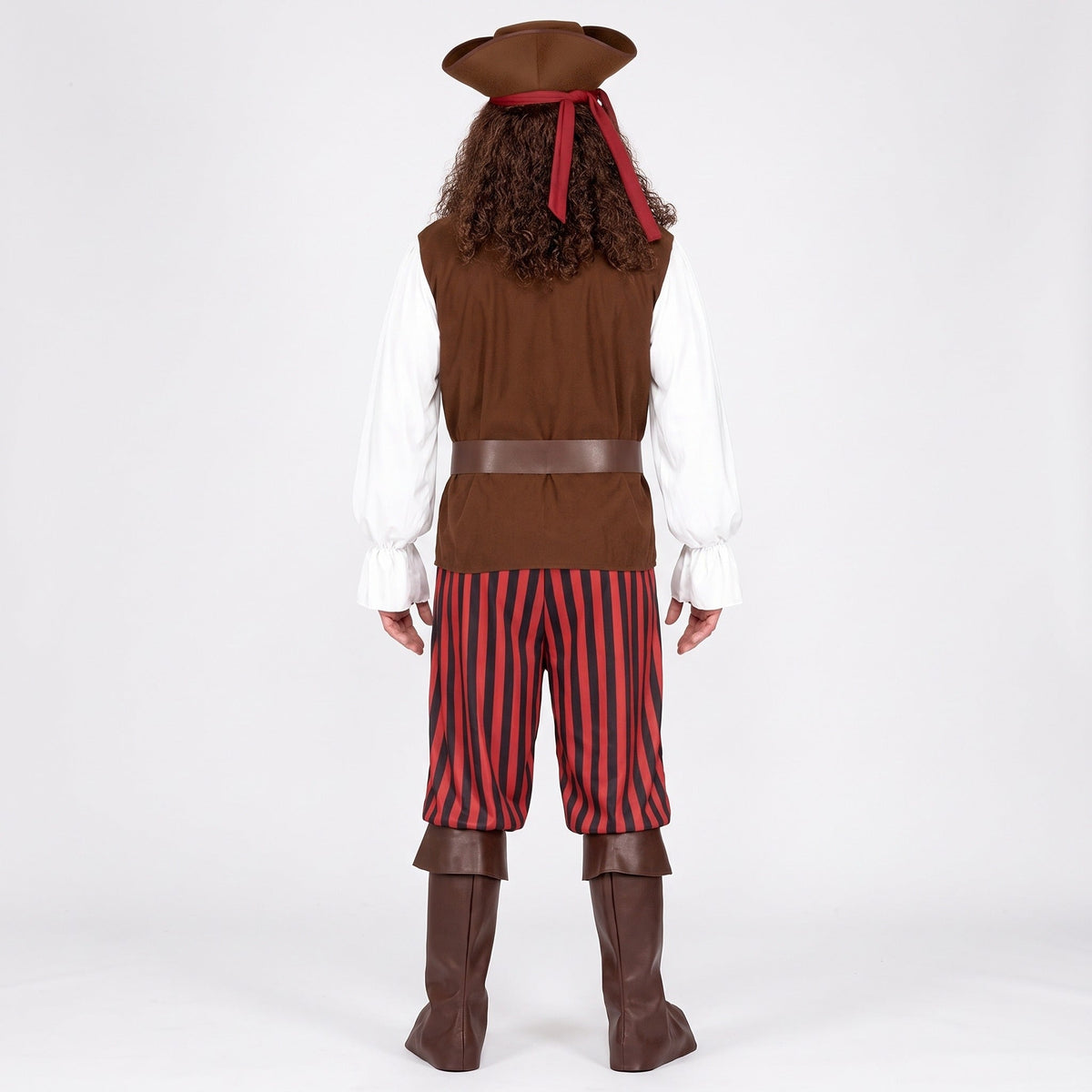 Man wearing brown pirate costume with red striped pants, viewed from behind | Chaps London