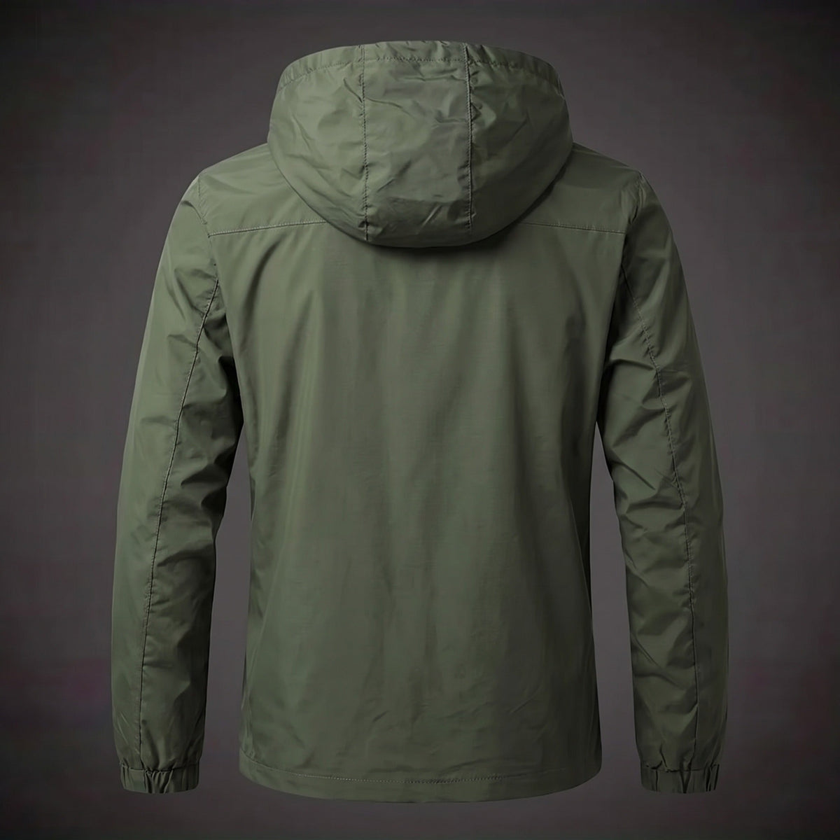 Olive green hooded windbreaker jacket shown from behind on mannequin | Chaps London