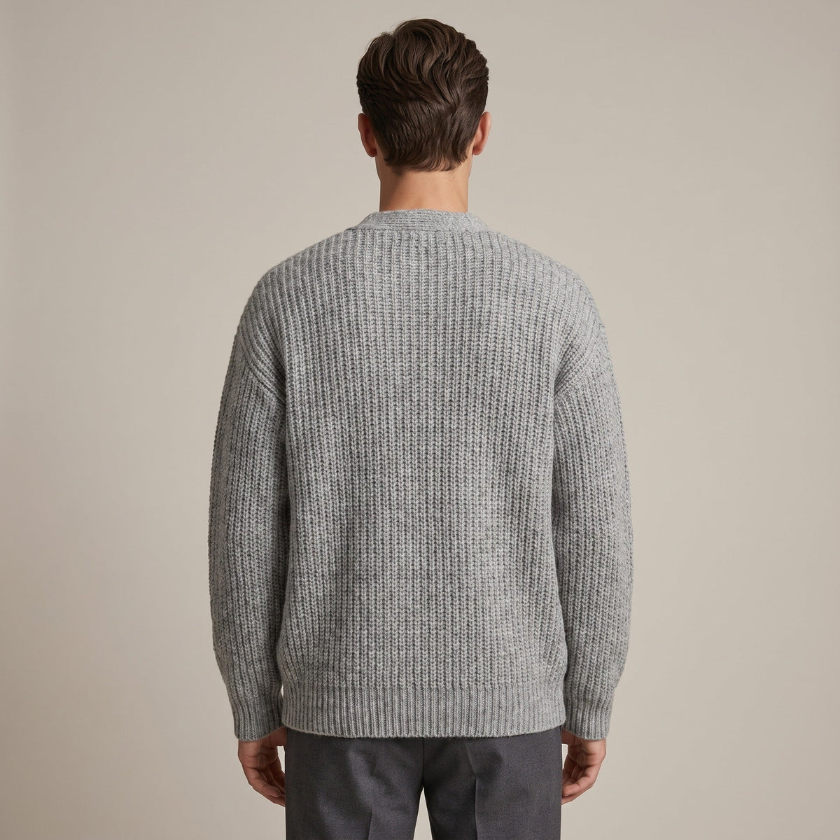 Gray ribbed knit cardigan worn by man, back view shown | Chaps London