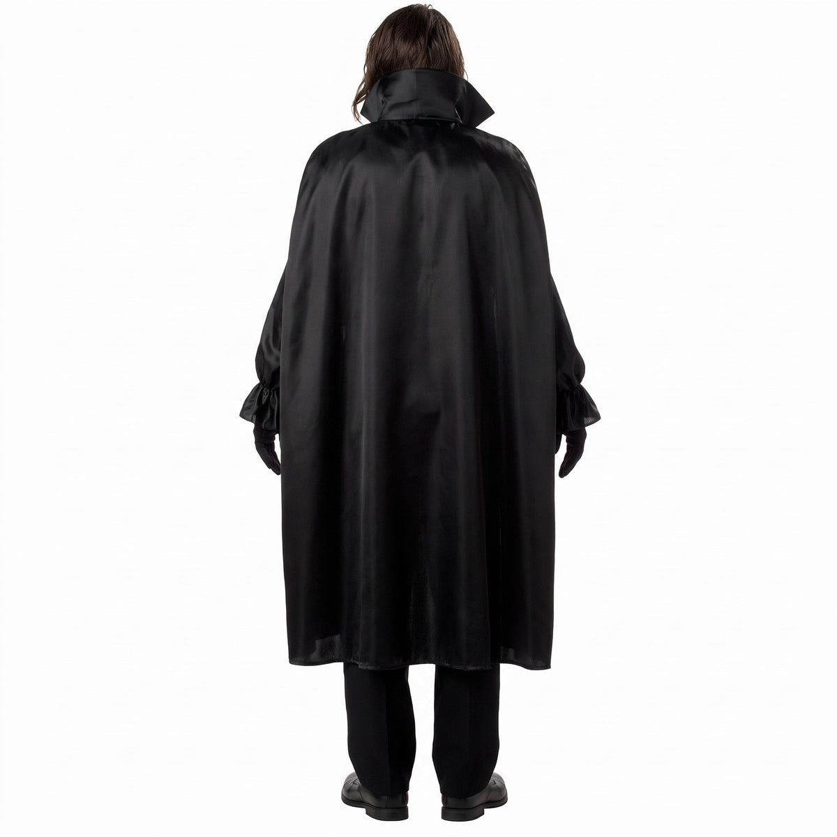Man wearing black satin cape costume with tall collar, back view | Chaps London