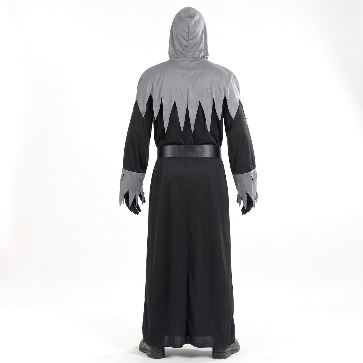 Gray and black hooded robe costume worn by a person, back view | Chaps London