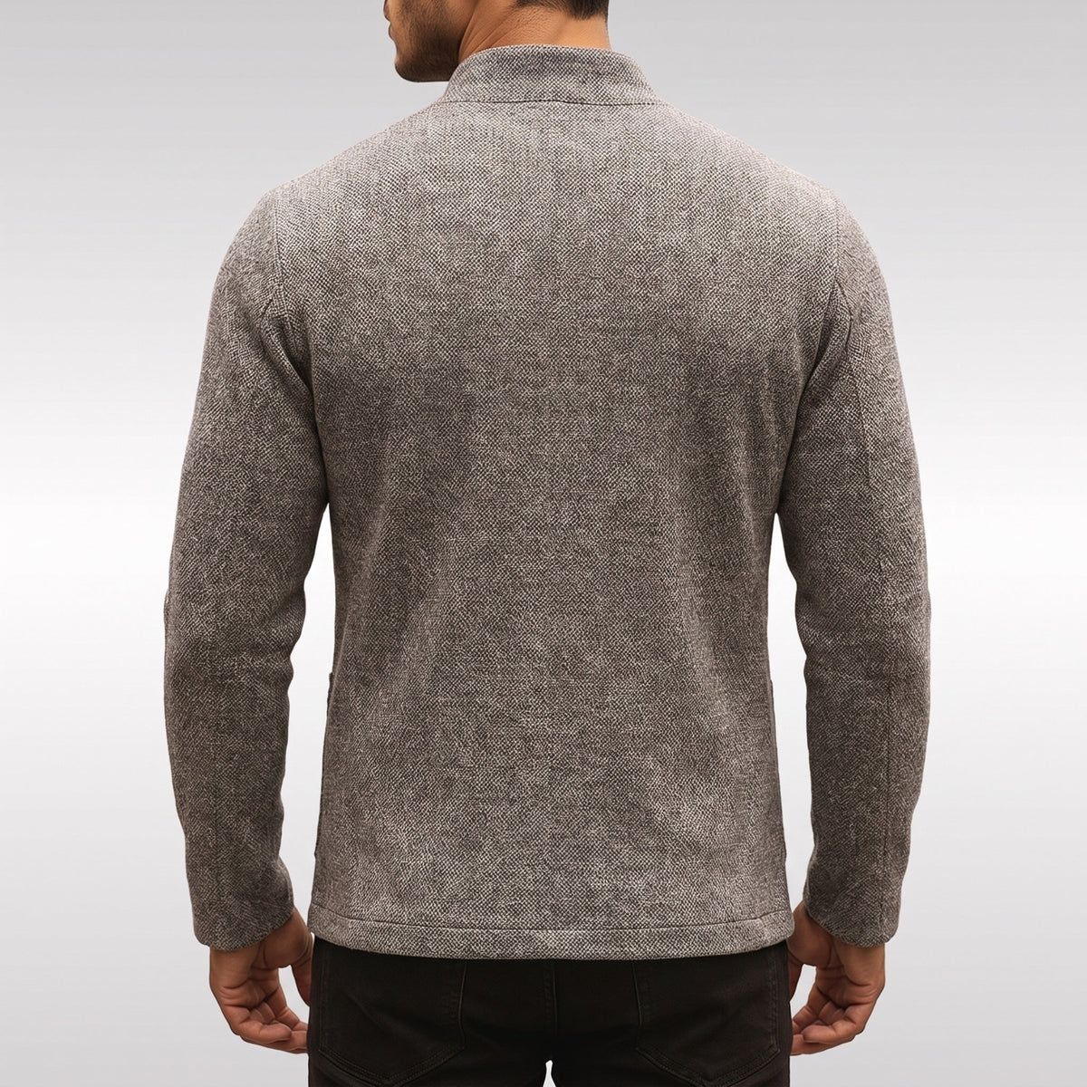 Man wearing gray textured knit cardigan, back view, paired with dark jeans | Chaps London