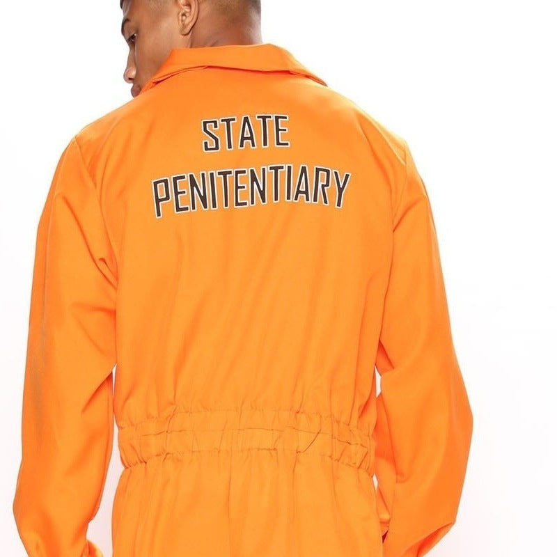 Man wearing orange jumpsuit with back text, rear view shown | Chaps London