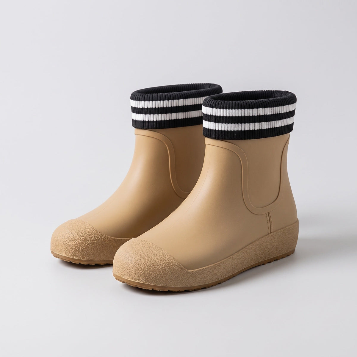 Tan ankle wellies with navy and white striped cuffs, standing pair | Chaps London