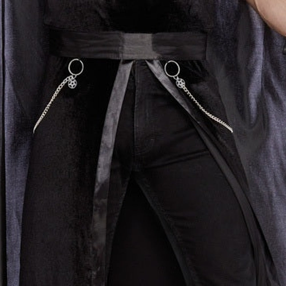 Black belted tunic with chains worn by person, close-up waist detail | Chaps London