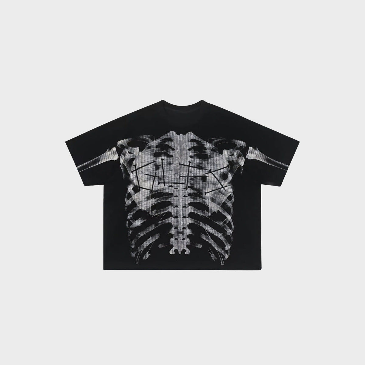 Black oversized t-shirt with ribcage x-ray print, laid flat | Chaps London