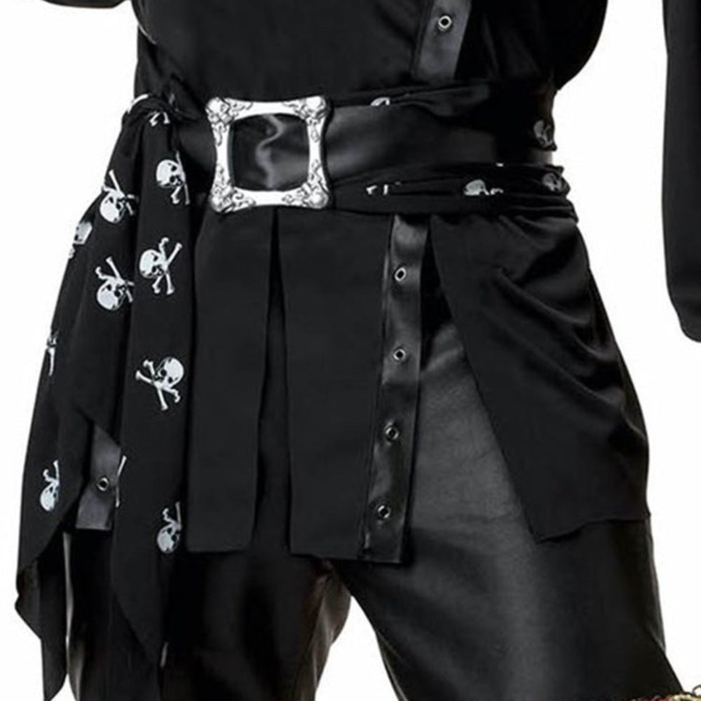 Black pirate costume belt with skull print sash, worn by person | Chaps London