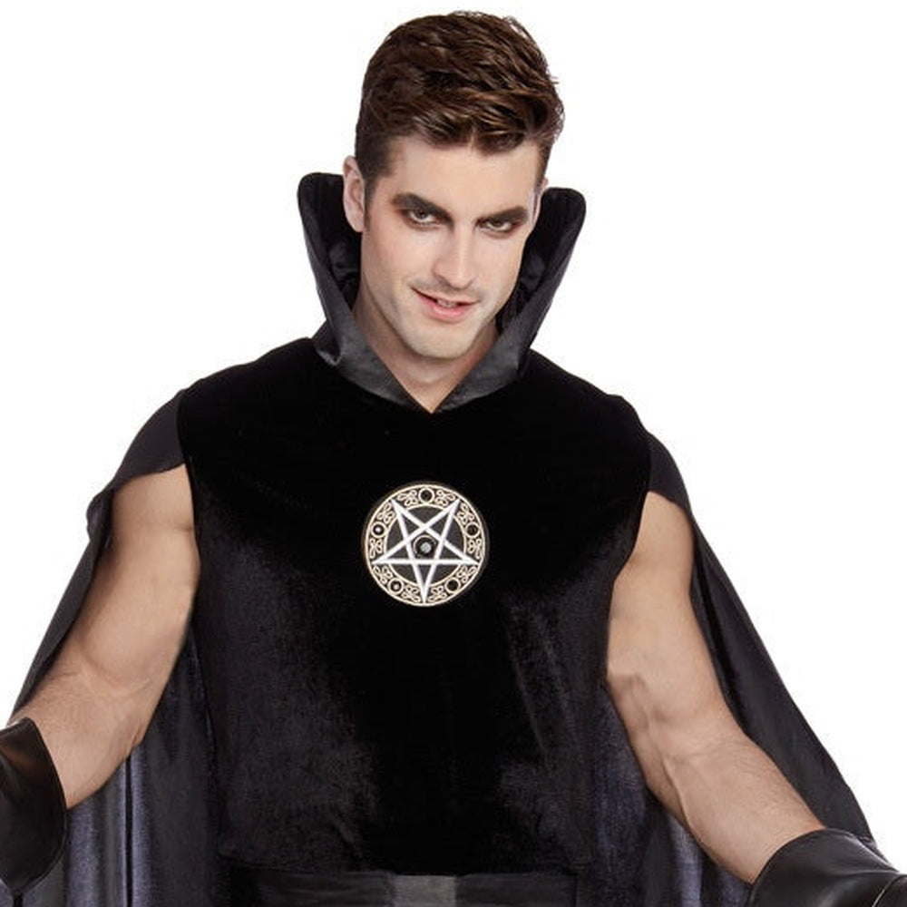 Man wearing black pentagram tunic with high collar cape and gloves | Chaps London