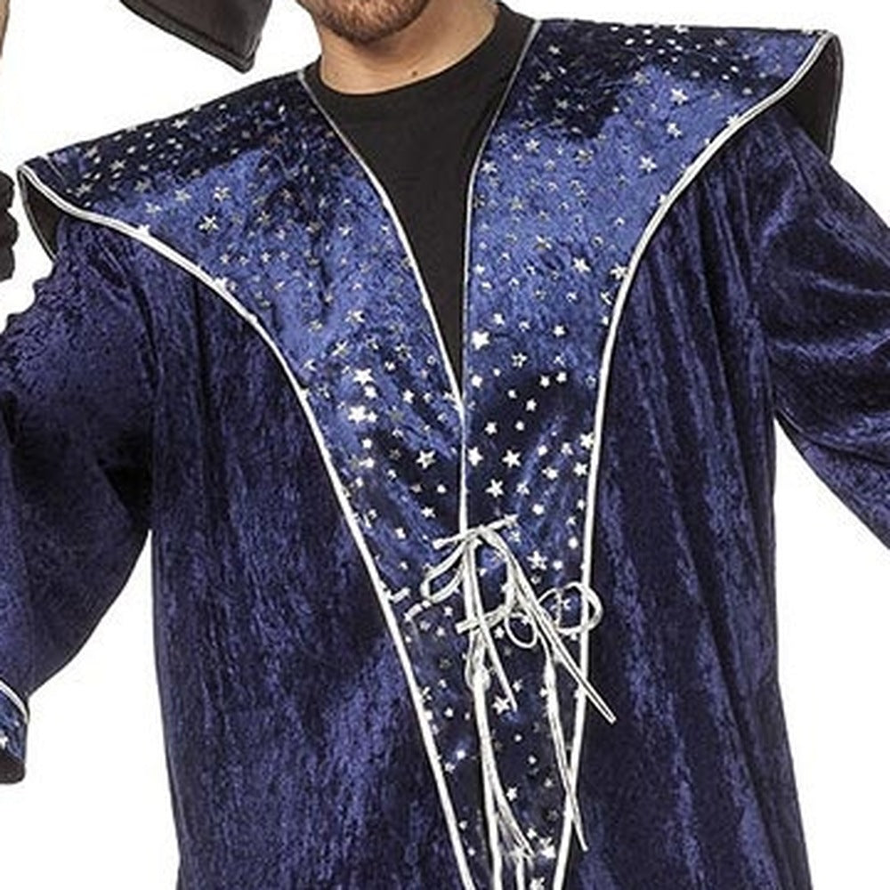 Blue velvet wizard robe with star print collar, worn by man | Chaps London