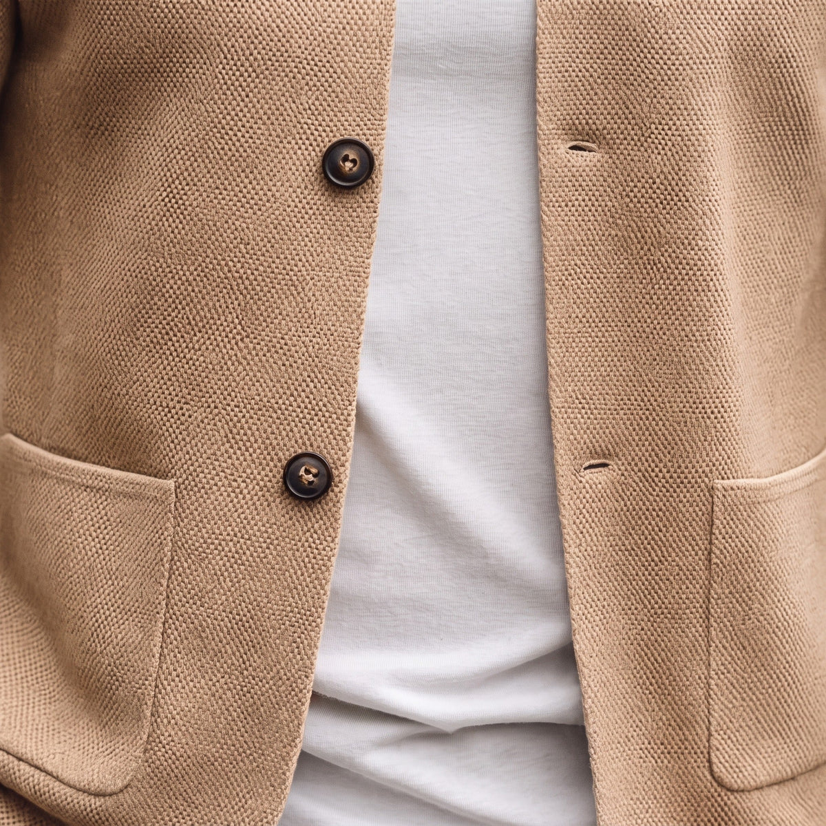 Tan textured knit cardigan with buttons and patch pockets, worn by person | Chaps London