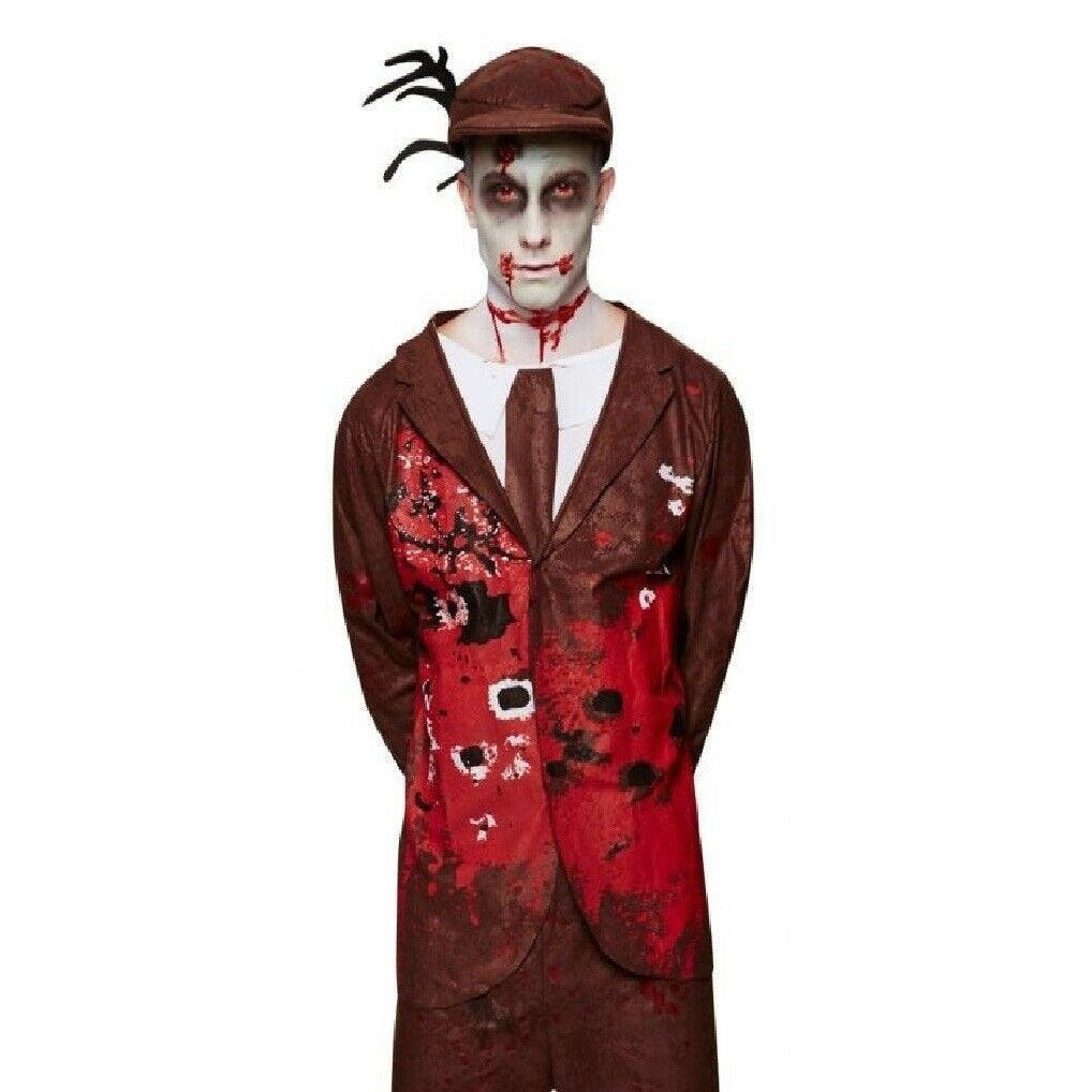Man wearing bloodstained zombie costume with red jacket and flat cap | Chaps London