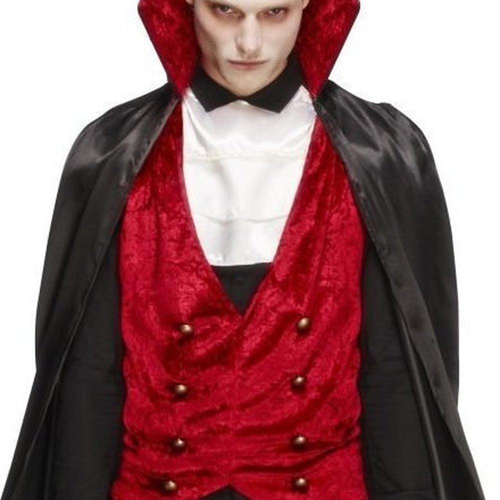 Man wearing red velvet waistcoat with black cape and white cravat | Chaps London
