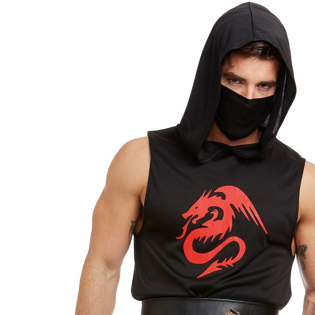Man wearing black hooded ninja costume with red dragon print and mask | Chaps London