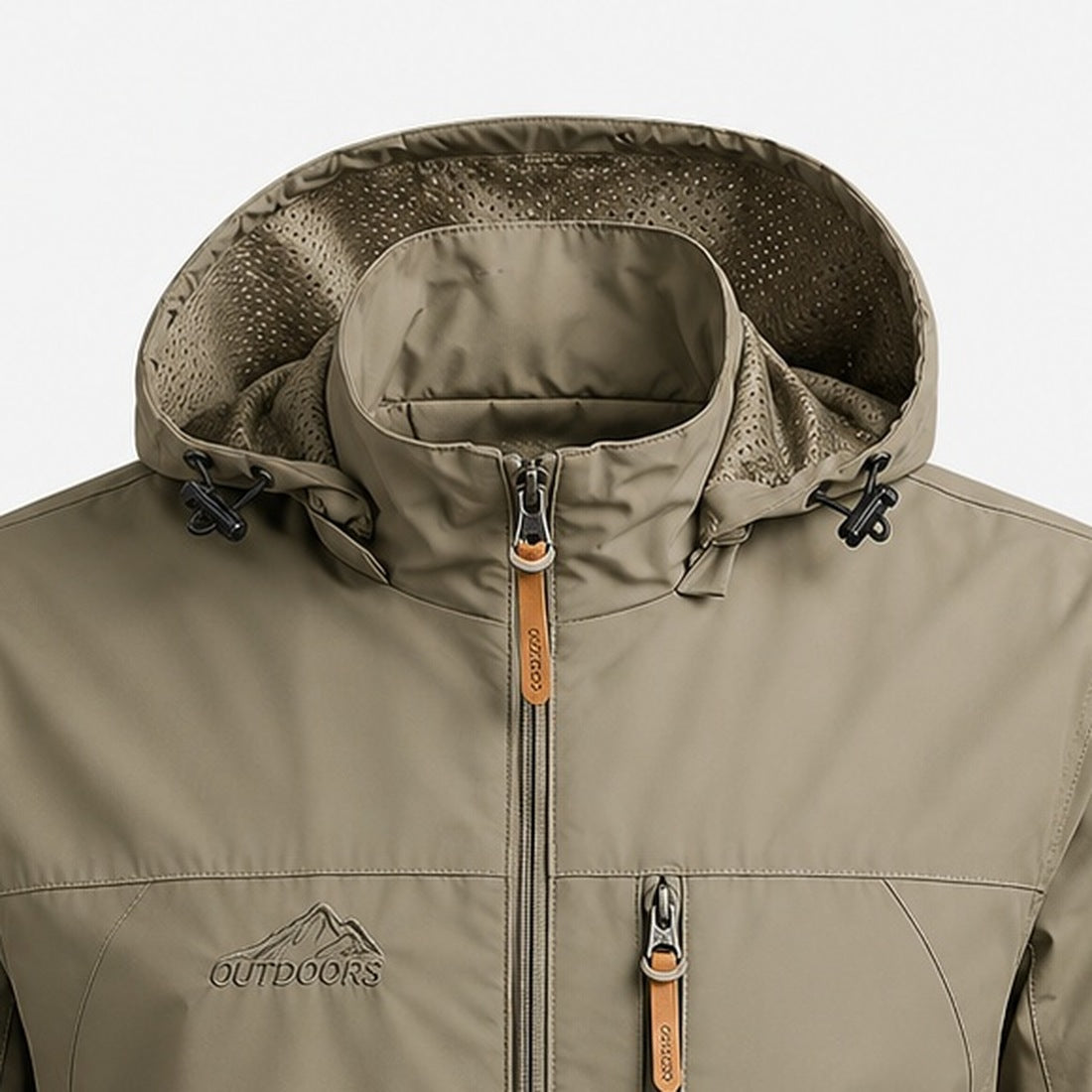 Khaki waterproof hooded jacket with zip pocket and adjustable drawstring hood | Chaps London