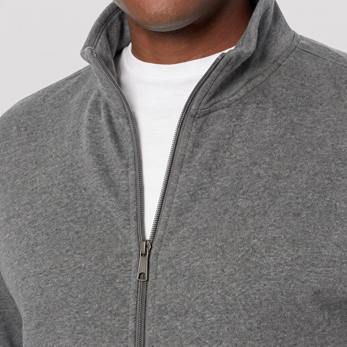Gray heather full-zip jacket worn, close-up view of collar and zipper | Chaps London