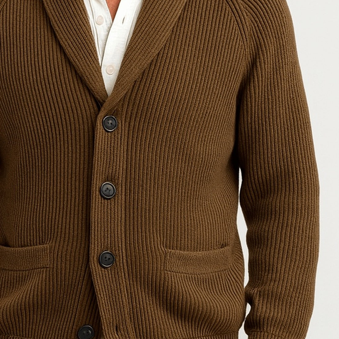 Brown ribbed knit shawl collar cardigan with buttons, worn by a man | Chaps London