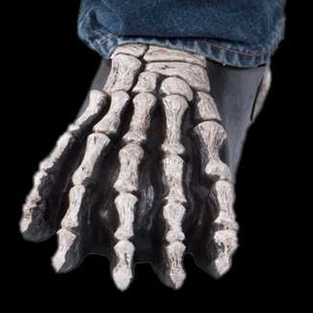Gray bony skeleton foot shoe cover worn over jeans and shoe | Chaps London