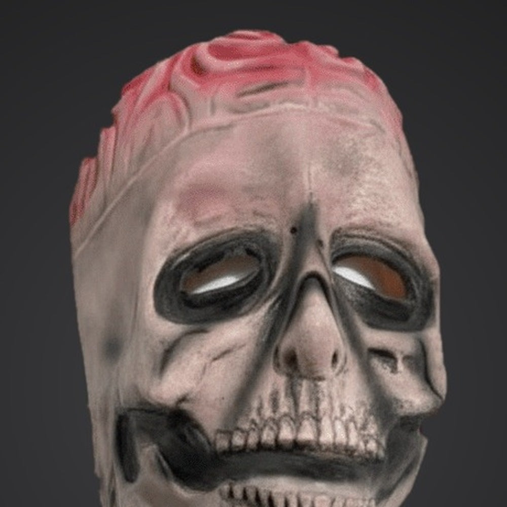 Latex skull mask with pink brain detail, worn by a person | Chaps London
