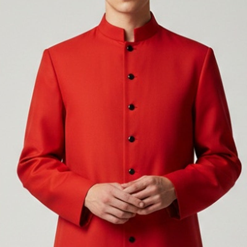 Red stand collar jacket with button front, worn by man | Chaps London