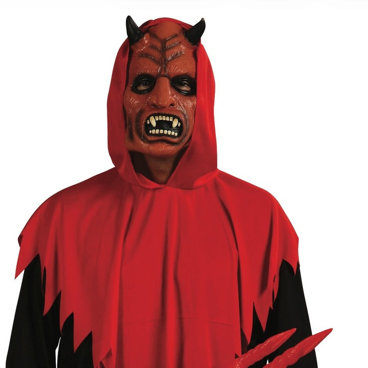 Man wearing red devil costume with hood, mask, and jagged-edge robe | Chaps London