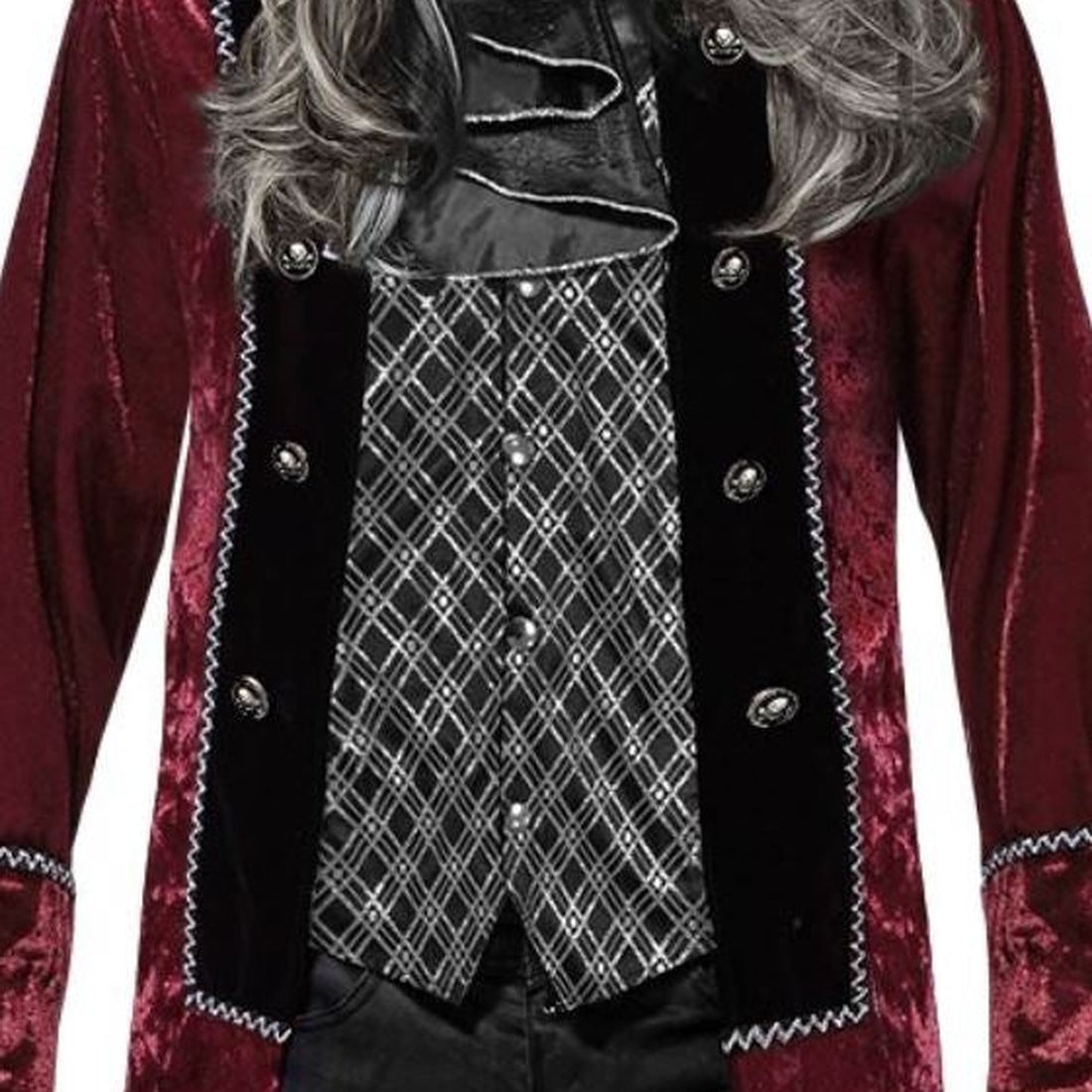 Burgundy velvet Dracula coat with diamond-patterned vest, worn by model, gray wig visible | Chaps London
