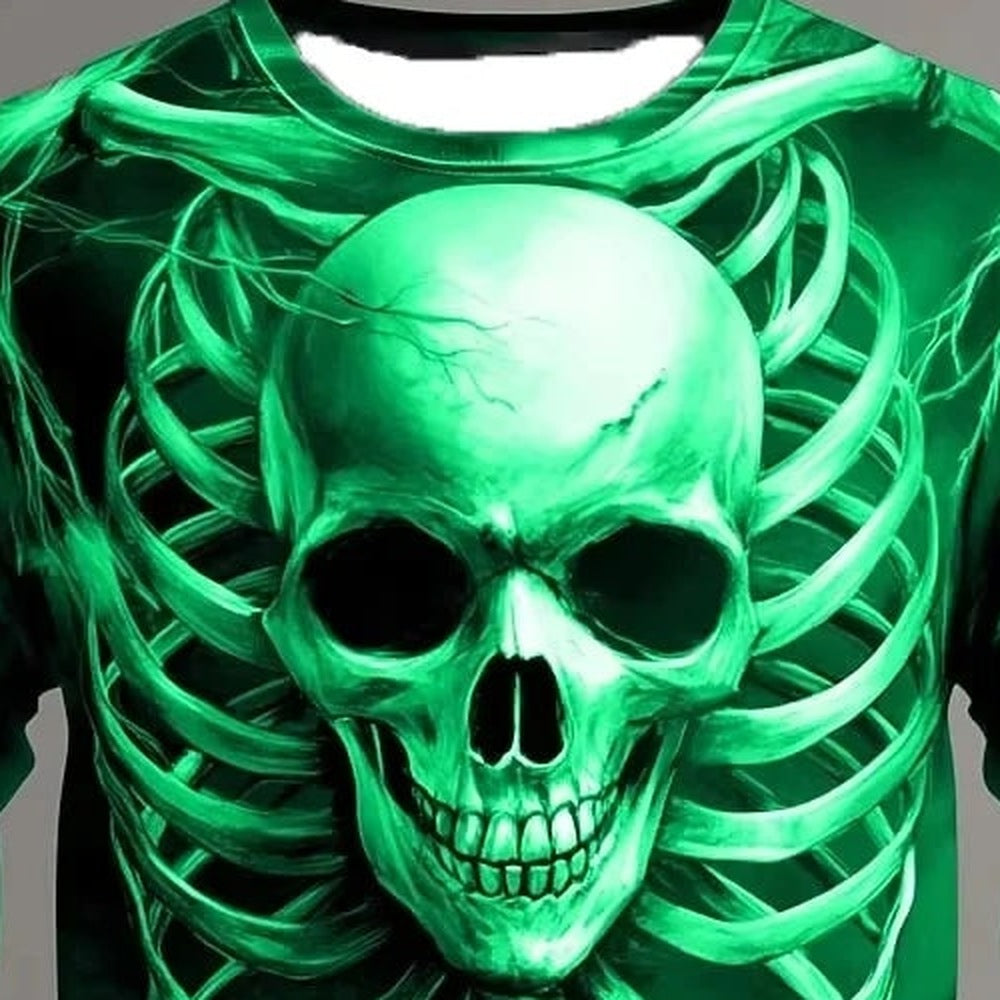 Green glow-in-dark skull skeleton print top, worn by person, close-up view | Chaps London