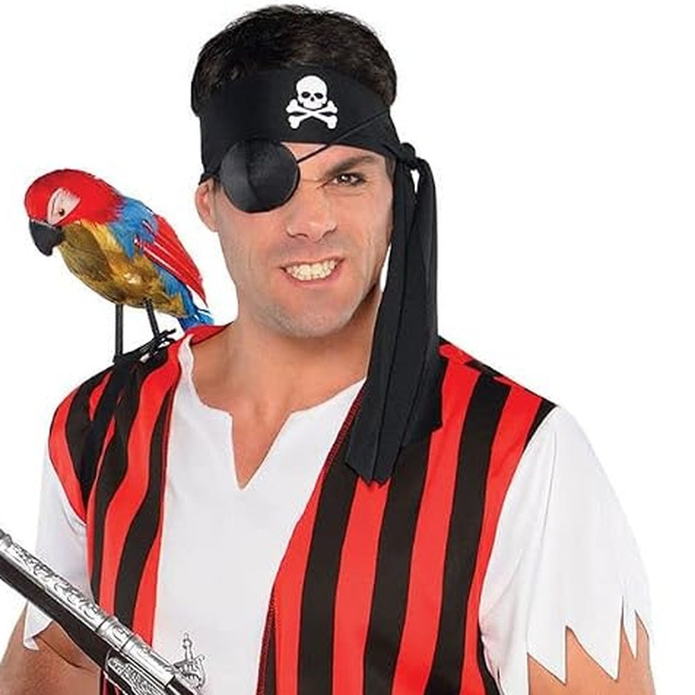 Man wearing red-striped pirate costume with eye patch and shoulder parrot | Chaps London