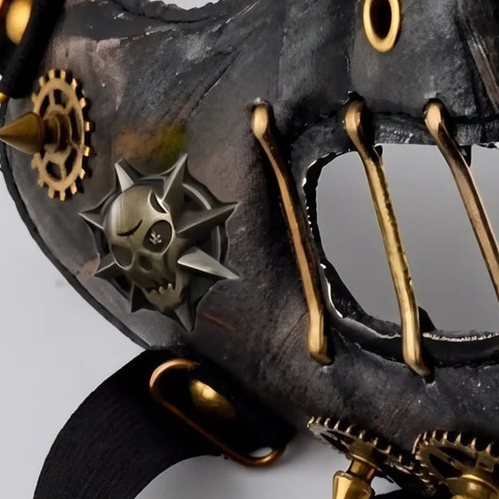 Black and gold steampunk half mask with gears, spikes, and skull detail | Chaps London