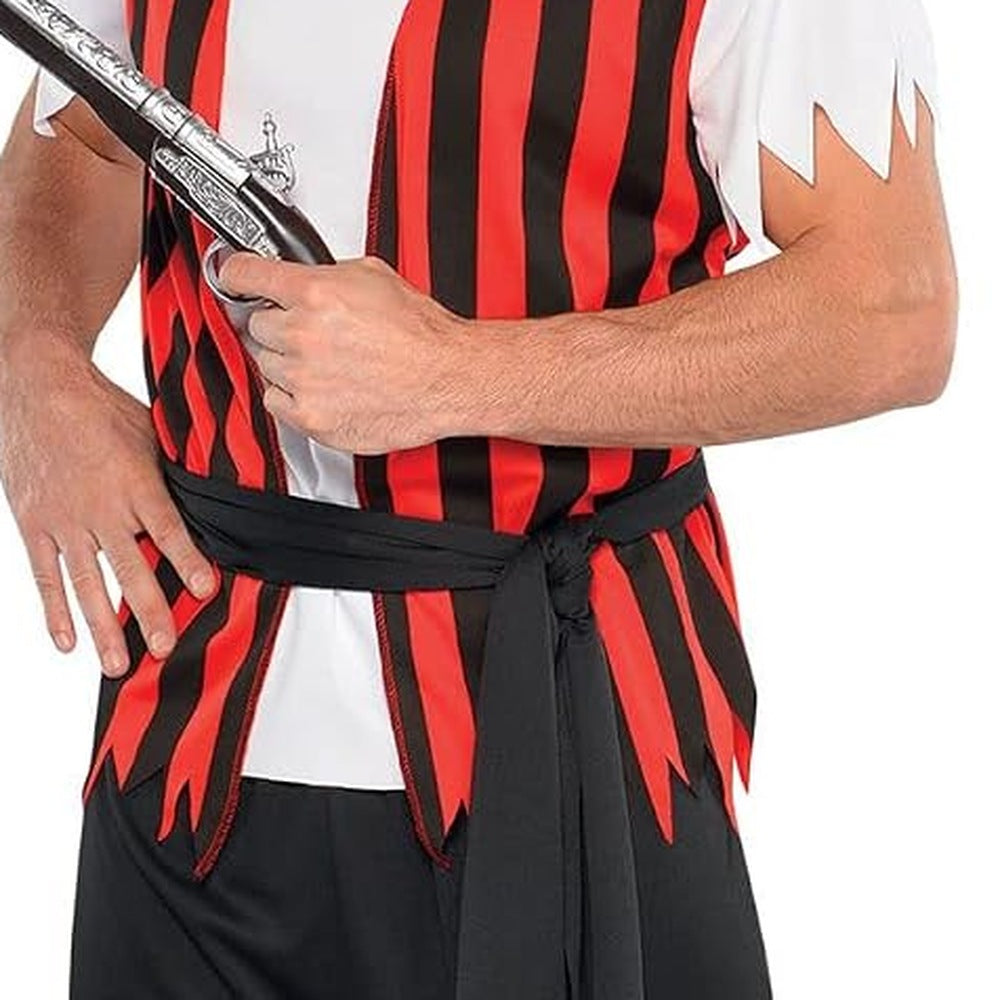 Man wearing red and black striped pirate waistcoat with black sash | Chaps London