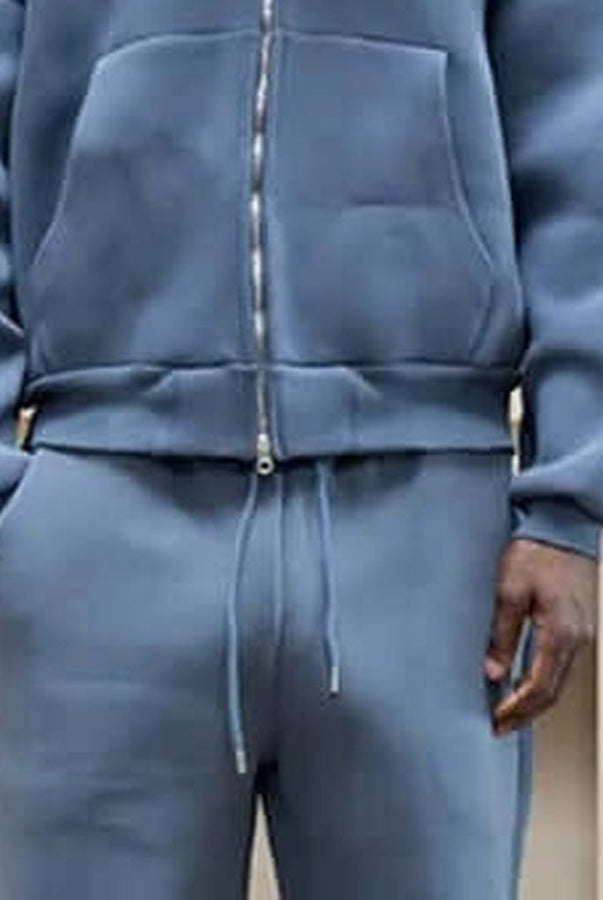 Blue zip-up hoodie and matching wide-leg joggers worn by person | Chaps London