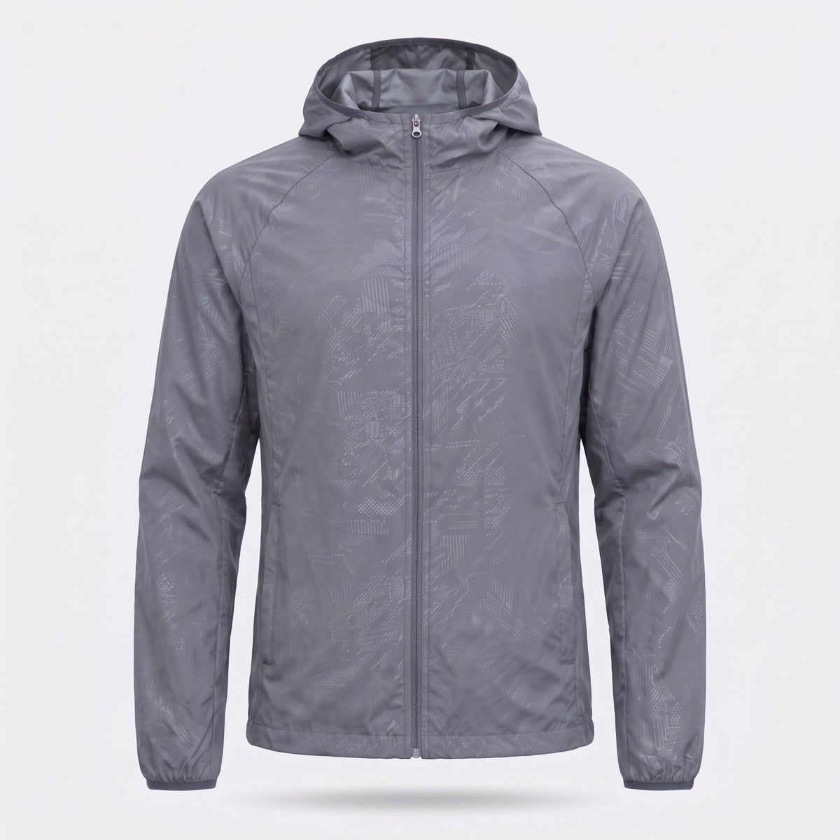 Gray hooded windbreaker jacket with subtle pattern, shown flat, zipped up | Chaps London