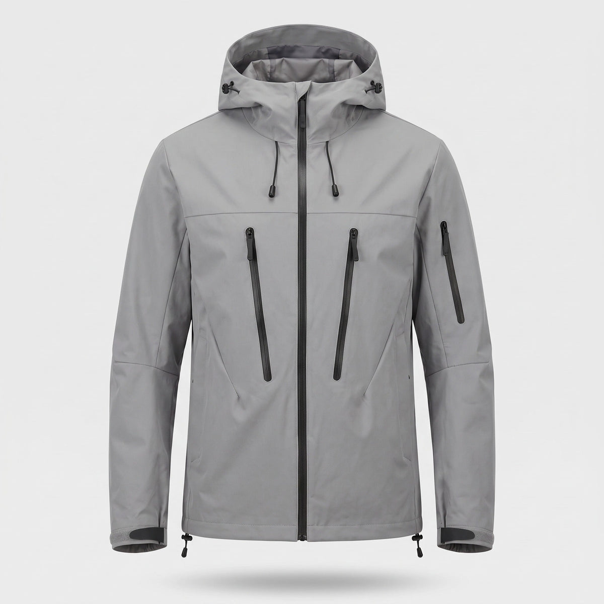 Gray hooded technical jacket with zip pockets, shown on invisible mannequin | Chaps London
