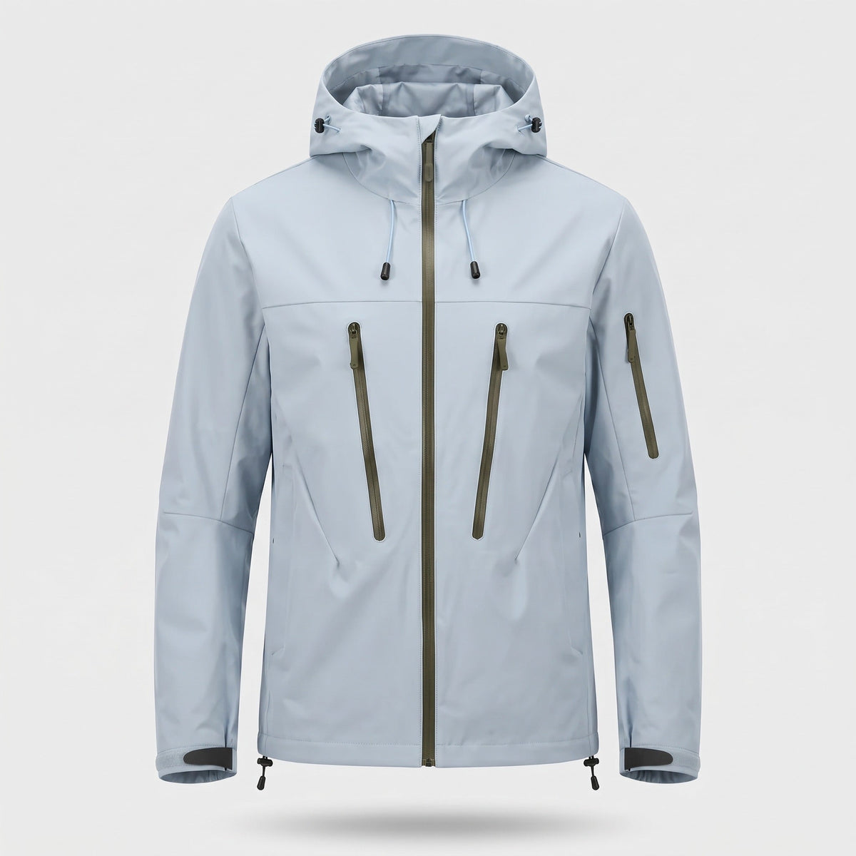 Light gray hooded rain jacket with olive zippers, shown on invisible mannequin | Chaps London