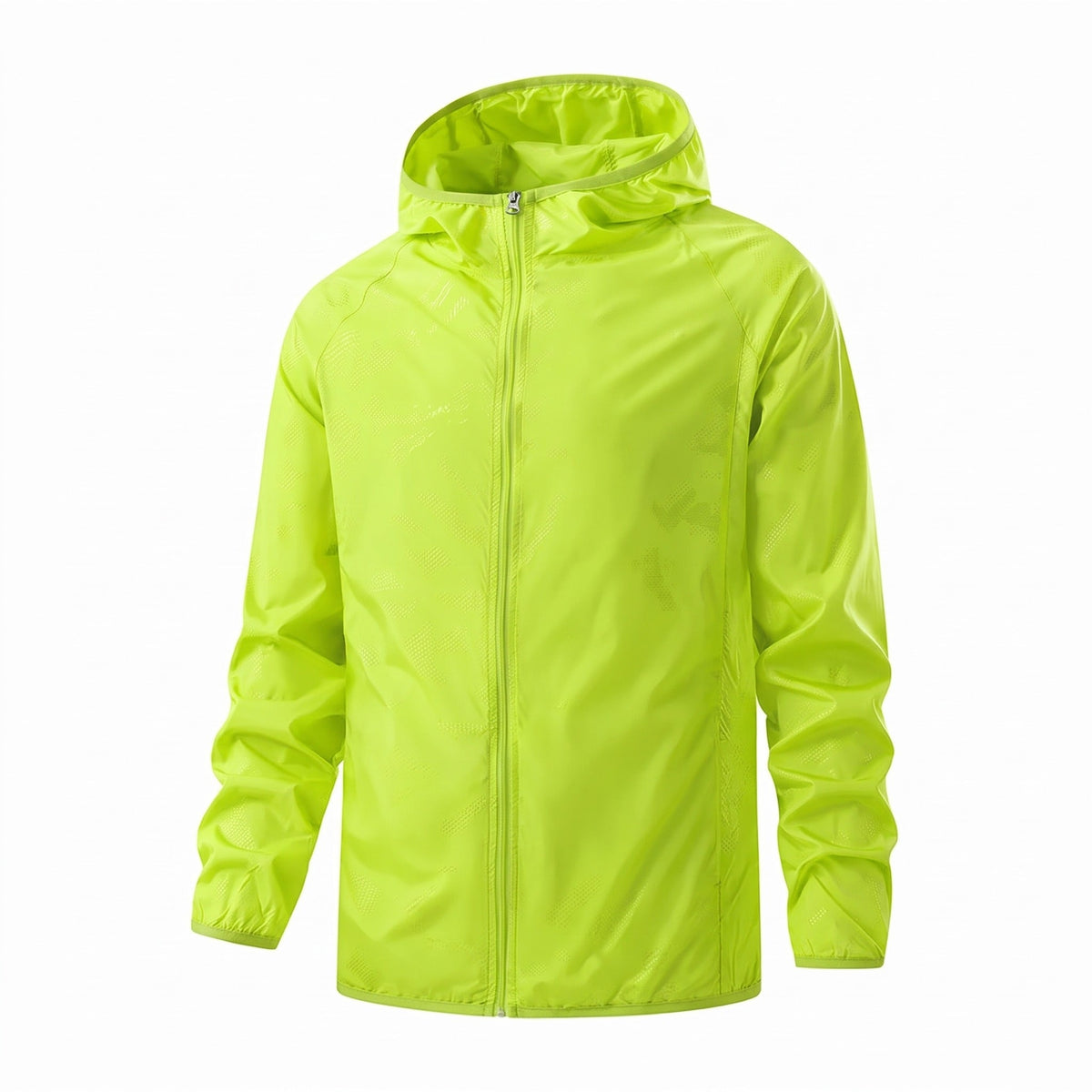 Neon green hooded zip-up jacket displayed on invisible mannequin form | Chaps London