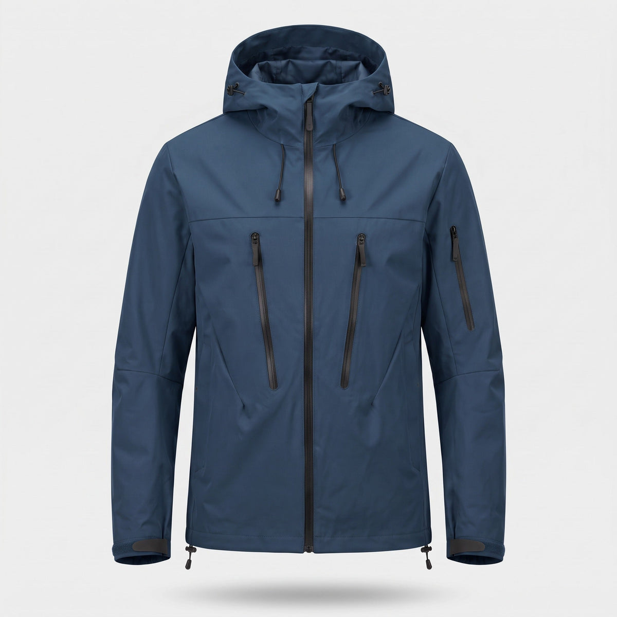Navy blue hooded rain jacket with zip pockets, shown on invisible mannequin | Chaps London