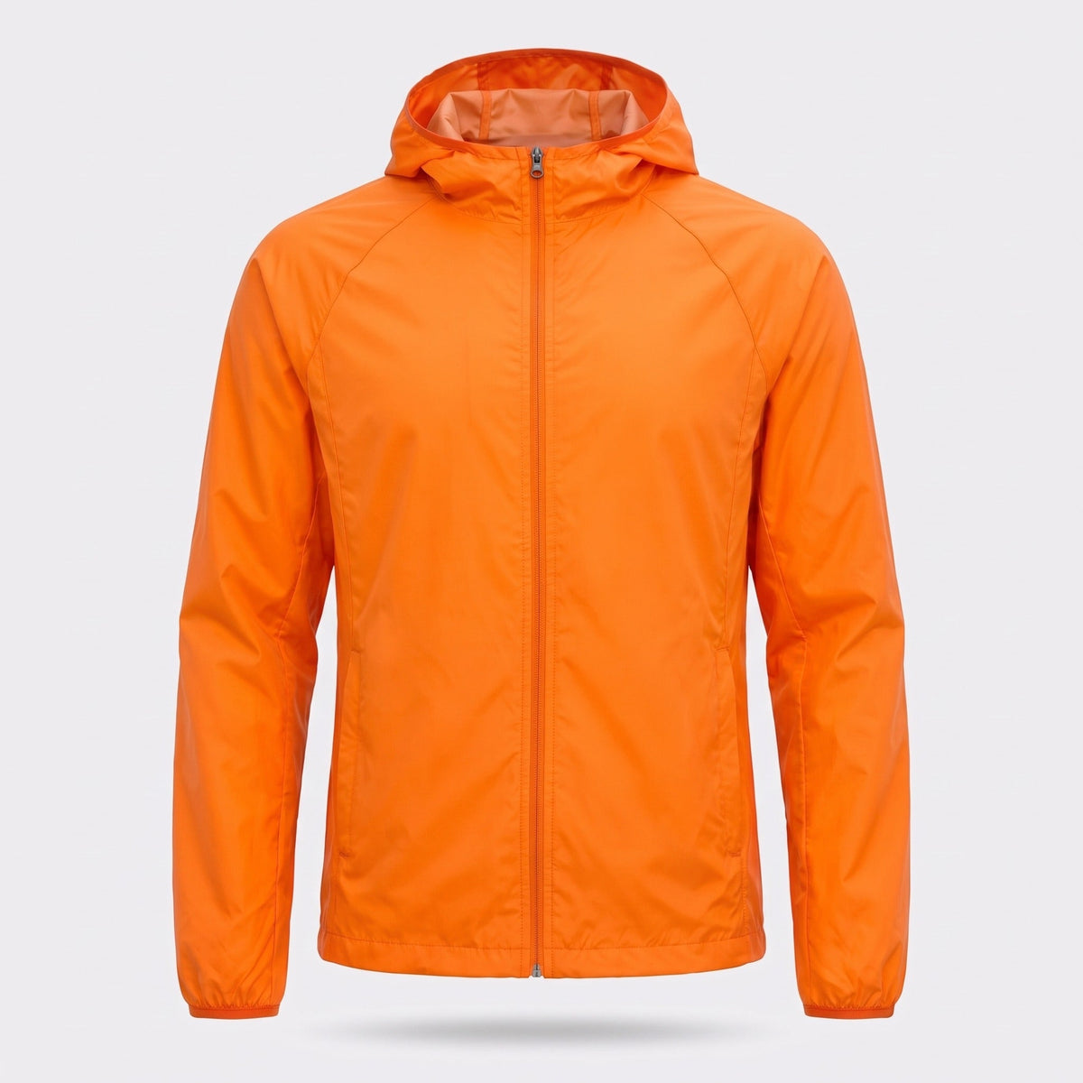 Orange hooded lightweight windbreaker jacket shown flat, front view, zippered | Chaps London